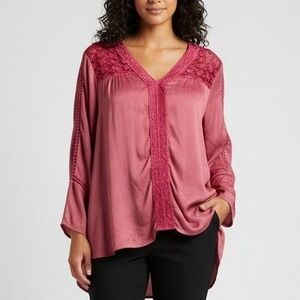 Red Pink Lace‎ Trim V Neck Tunic Blouse XL Fairycore Colorful Milkmaid Cottage